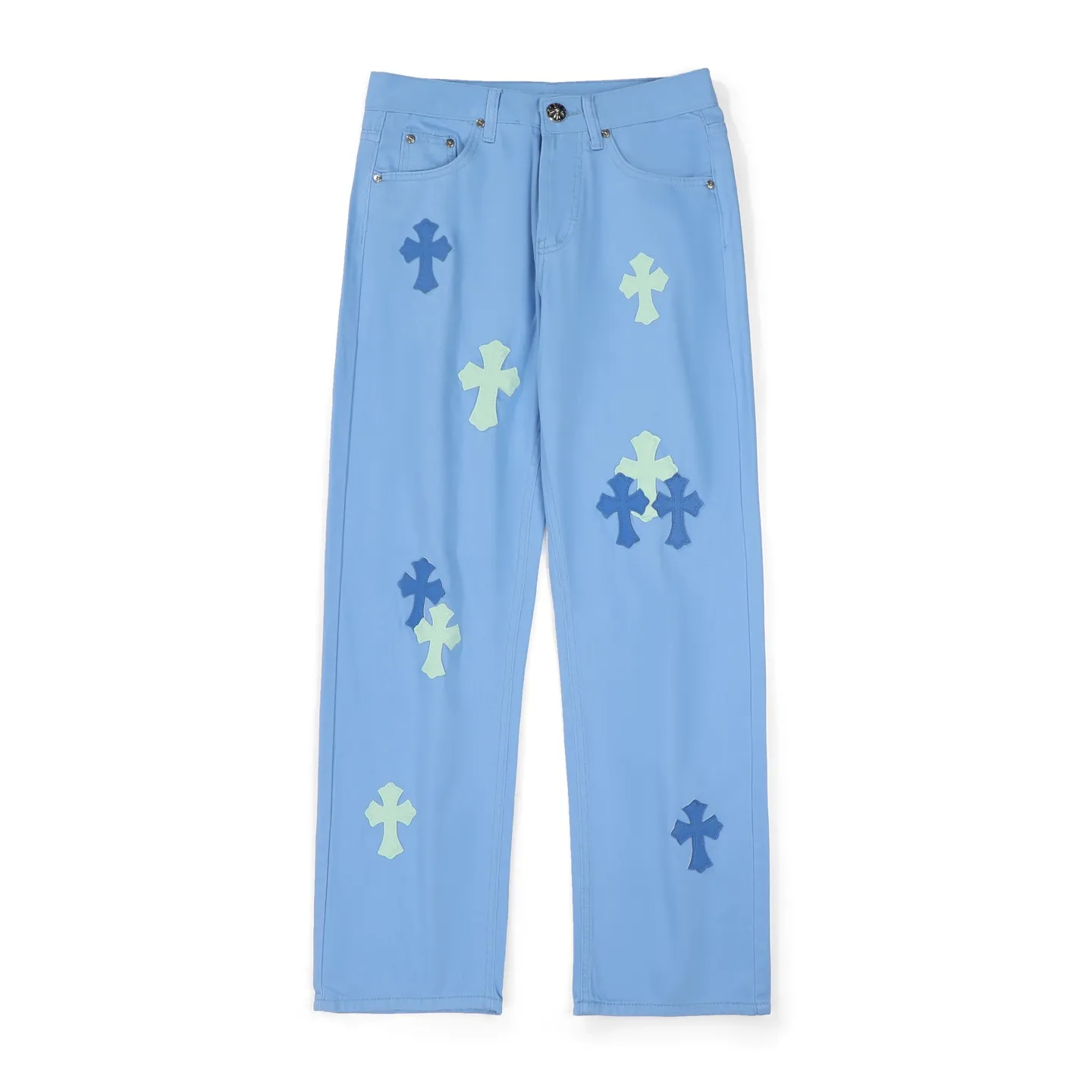 P270 Chrome hearts CH co-branded Drak Miami ice blue jeans exude uninhibited personality and unique charm. Every wear and tear is carefully designed to present a unique artistic feel. Made of imported denim fabric, which has undergone heavy industrial washing and destruction treatment, the trousers show a super cool effect on the upper body, allowing you to dominate the fashion stage.  This is more than just a pair of jeans, it is an expression of attitude. With its unique design concept and ultimate pursuit of details, Croxin breaks traditional boundaries and defines the jeans trend in the new era. The trousers are made of double-layer woven fabric with customized hardware. Special Italian cowhide is printed and cut. Custom-made sheepskin three-layer thick-line leather. The whole body is spliced ​​in heavy water washing. Craftsmen hand-splash ink. You can see the details. Three-dimensional cutting version. Loose and comfortable, not flattering to the body. Makes taller and slimmer. Seiko factory. Original quality control. Same style for men and women. Can be matched with couples. Versatile recommendation. Must-have jeans for all seasons. Color: ice blue. Size: 28-30-32-34.